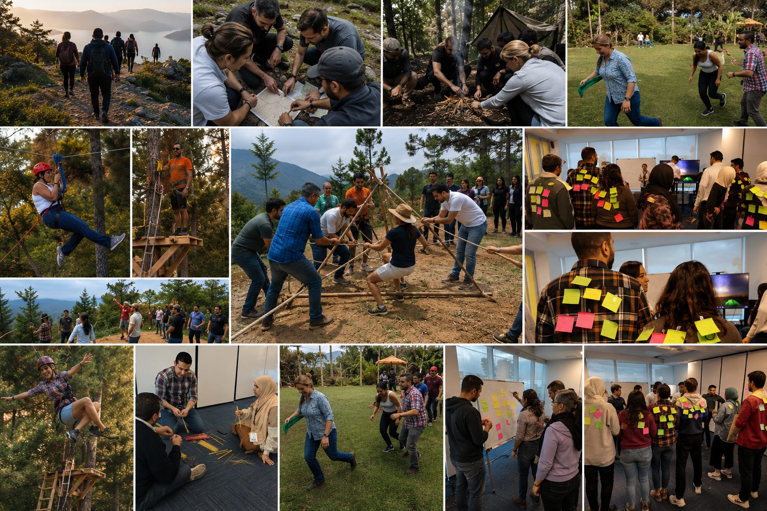 Aktivitäten bei Teambuilding- und Führungsworkshops: Outdoor-Übungen, kollaborative Problemlösung und moderierte Sitzungen